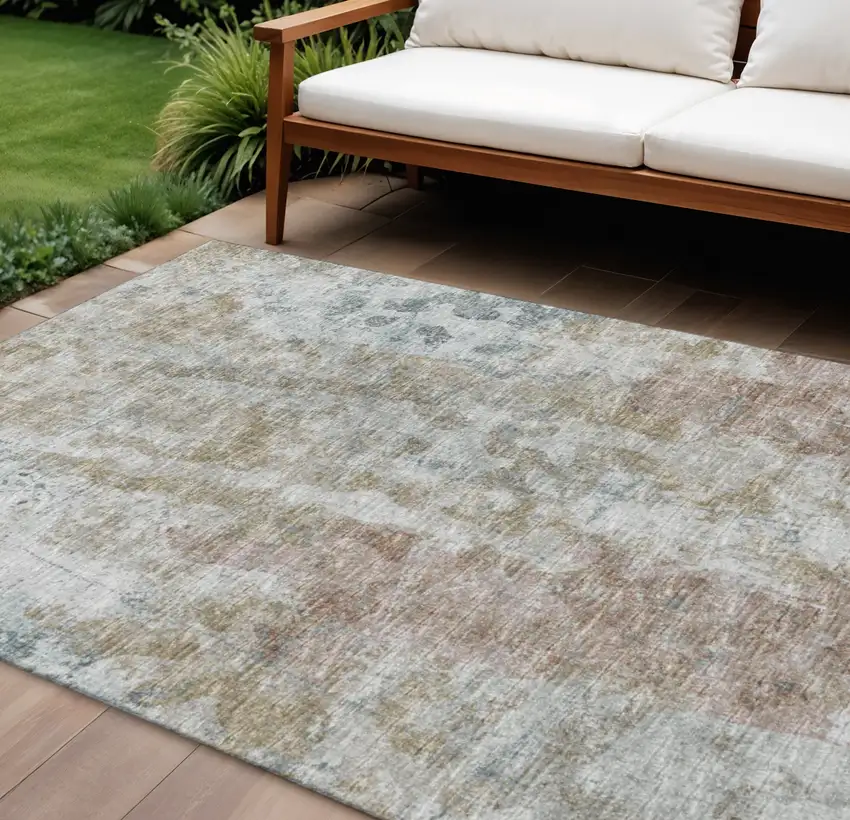 Ivory Blue And Gold Abstract Washable Indoor Outdoor Area Rug Photo 2
