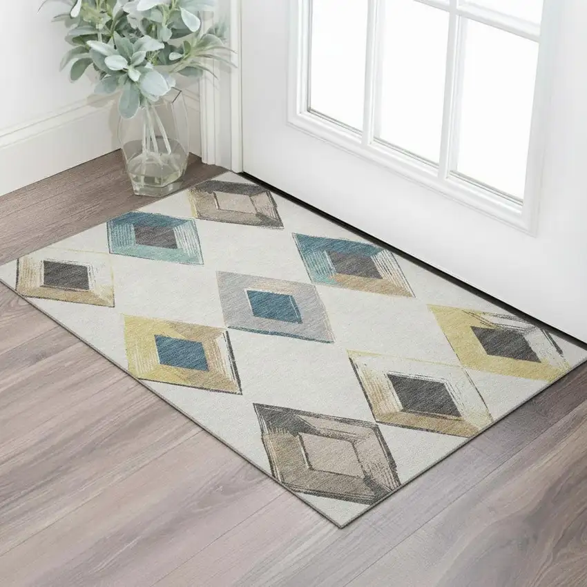 Ivory Blue And Gold Geometric Washable Area Rug With UV Protection Photo 2