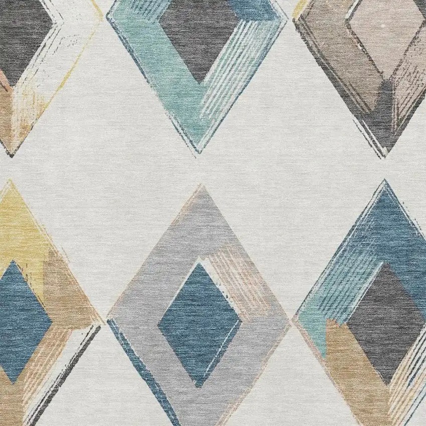 Ivory Blue And Gold Geometric Washable Area Rug With UV Protection Photo 3