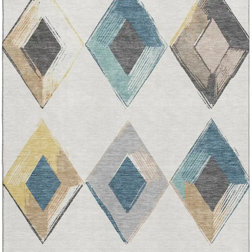 Ivory Blue And Gold Geometric Washable Area Rug With UV Protection Photo 4