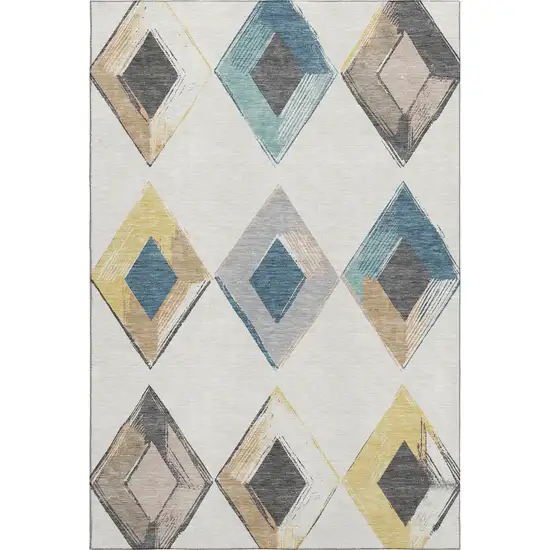 Ivory Blue And Gold Geometric Washable Area Rug With UV Protection Photo 1