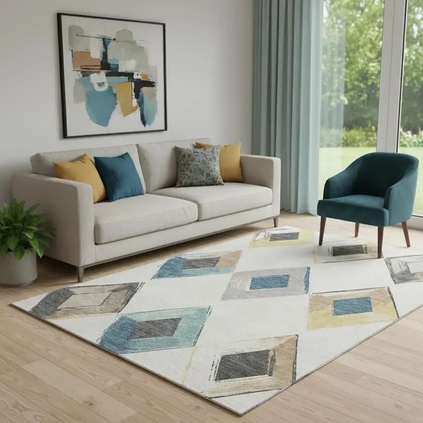 Ivory Blue And Gold Geometric Washable Area Rug With UV Protection Photo 2