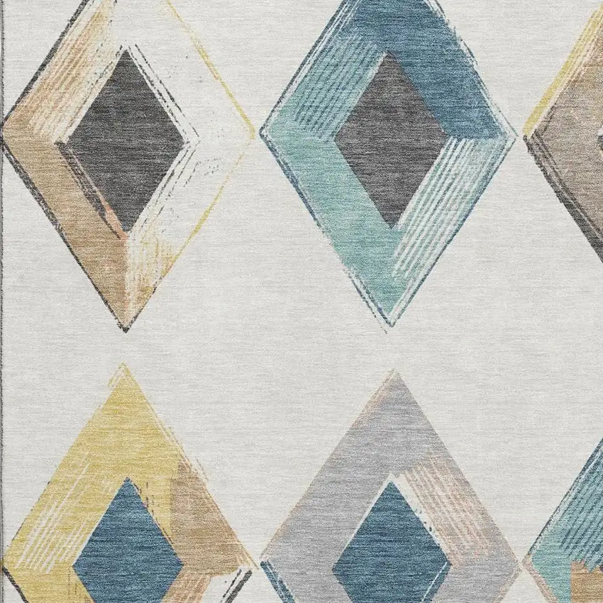 Ivory Blue And Gold Geometric Washable Area Rug With UV Protection Photo 3
