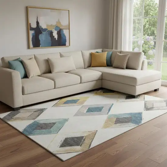 Ivory Blue And Gold Geometric Washable Area Rug With UV Protection Photo 2