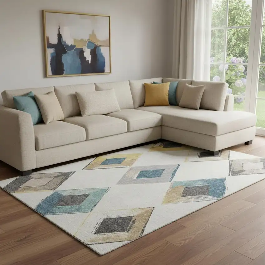 Ivory Blue And Gold Geometric Washable Area Rug With UV Protection Photo 2