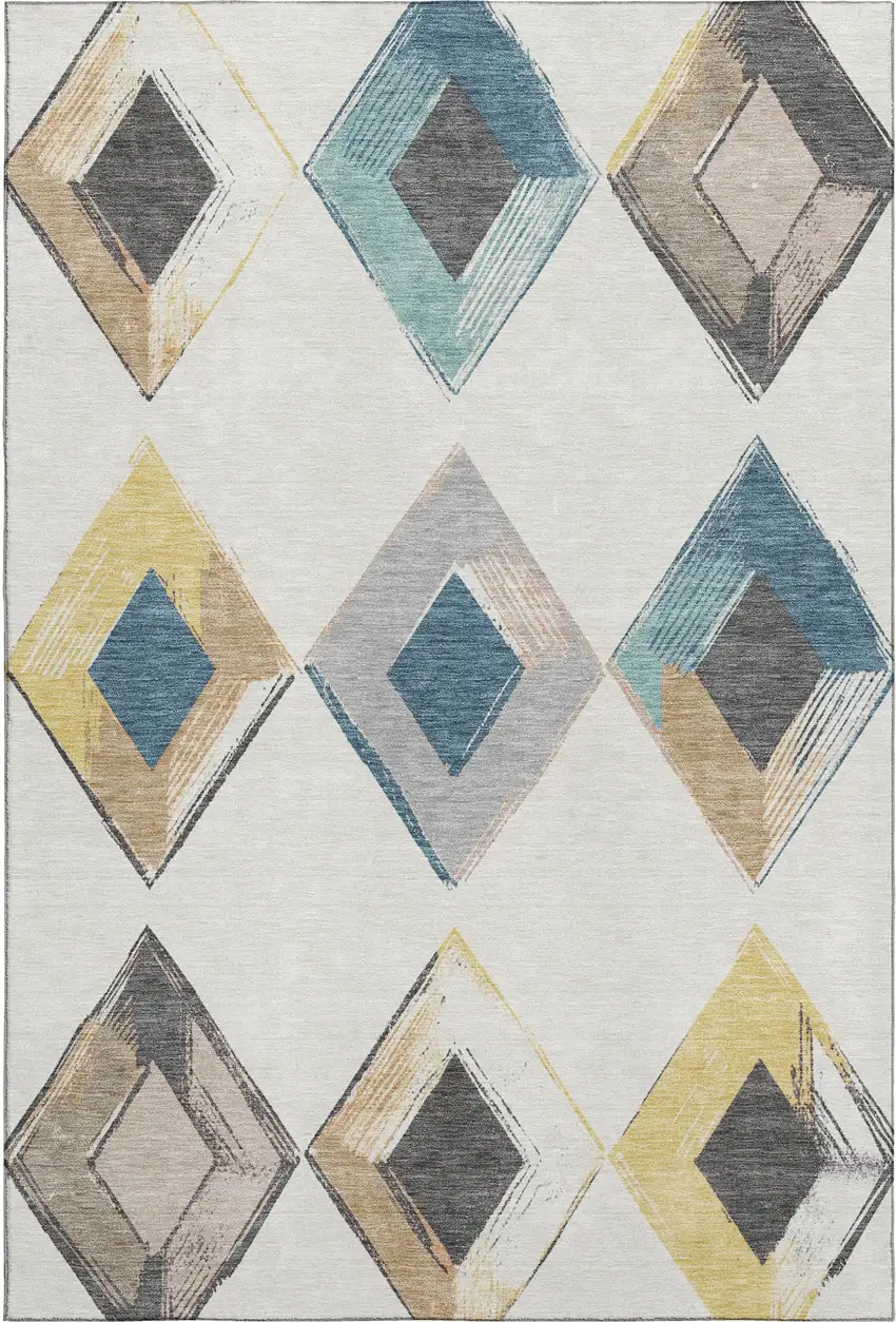 Ivory Blue And Gold Geometric Washable Area Rug With UV Protection Photo 1