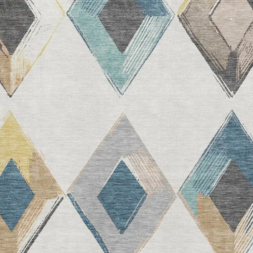 Ivory Blue And Gold Geometric Washable Area Rug With UV Protection Photo 3