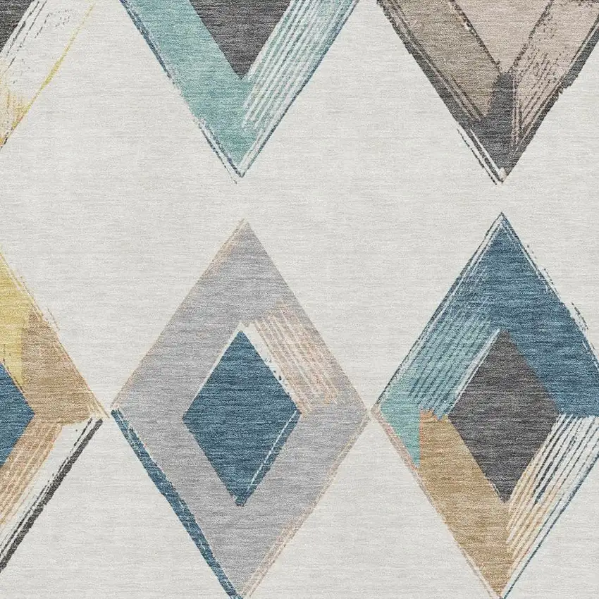 Ivory Blue And Gold Geometric Washable Area Rug With UV Protection Photo 3