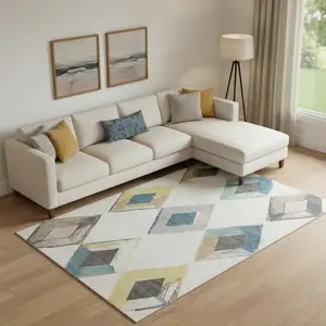 Photo of Ivory Blue And Gold Geometric Washable Area Rug With UV Protection