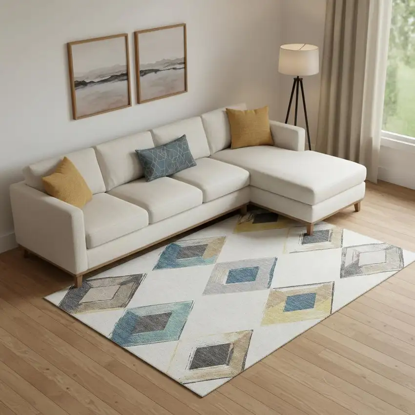 Ivory Blue And Gold Geometric Washable Area Rug With UV Protection Photo 2