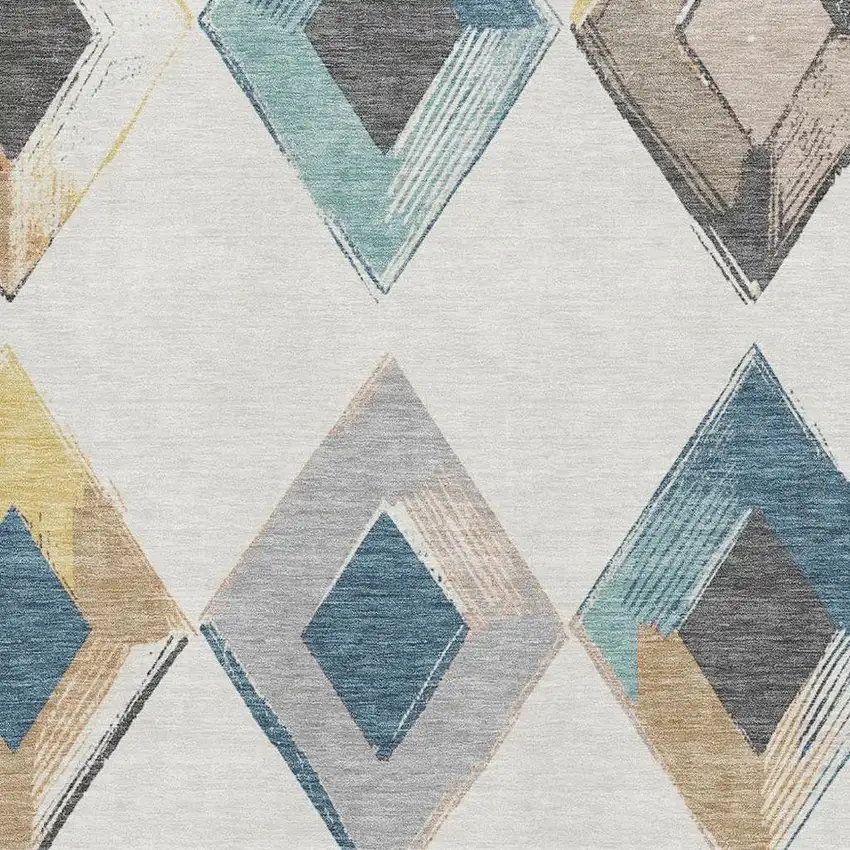 Ivory Blue And Gold Geometric Washable Area Rug With UV Protection Photo 3