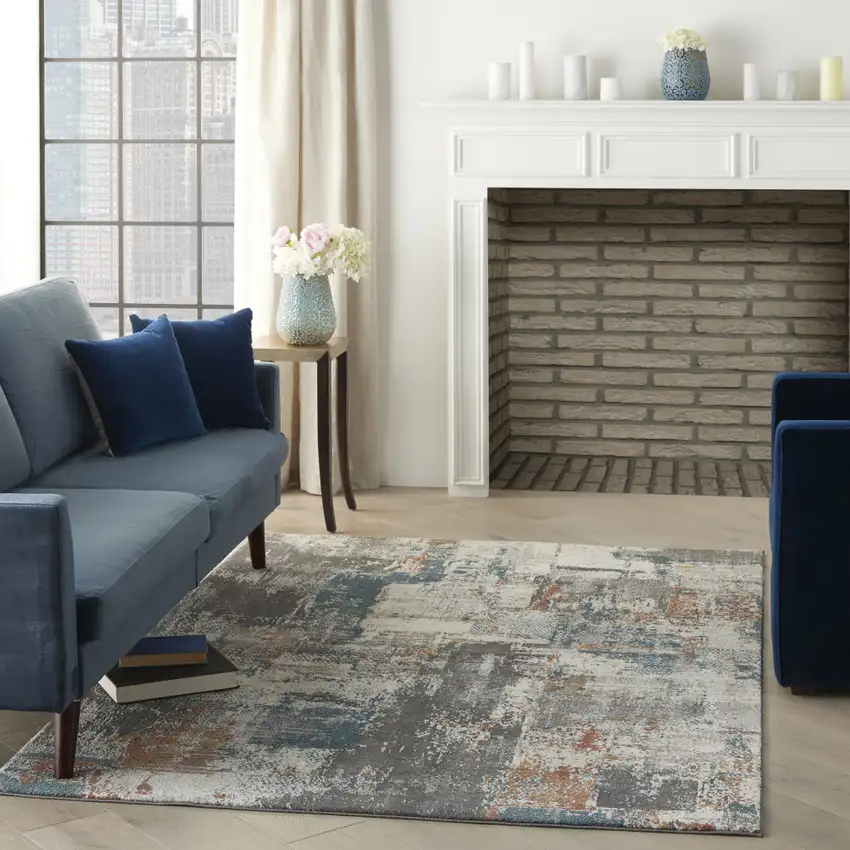 Ivory Blue And Gray Abstract Area Rug Photo 6