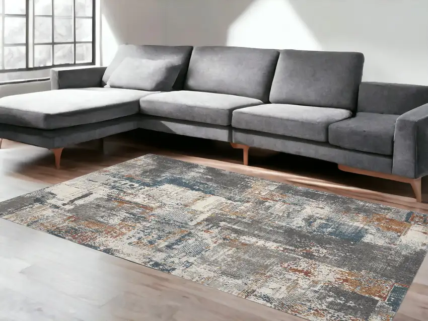 Ivory Blue And Gray Abstract Area Rug Photo 1