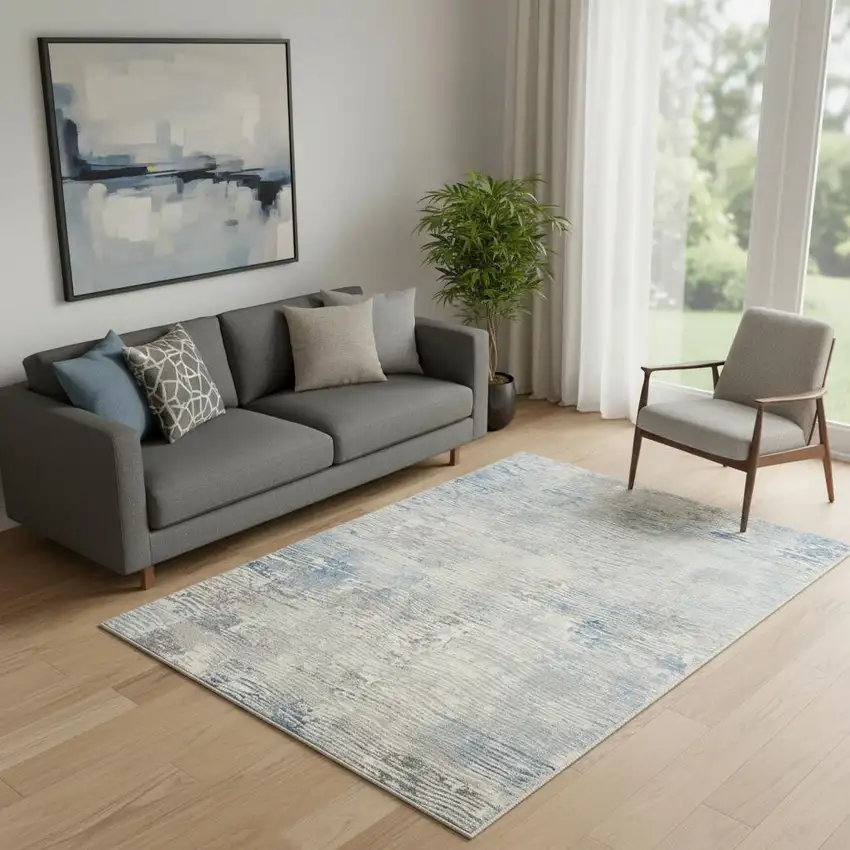 Ivory Blue And Gray Abstract Distressed Area Rug Photo 1