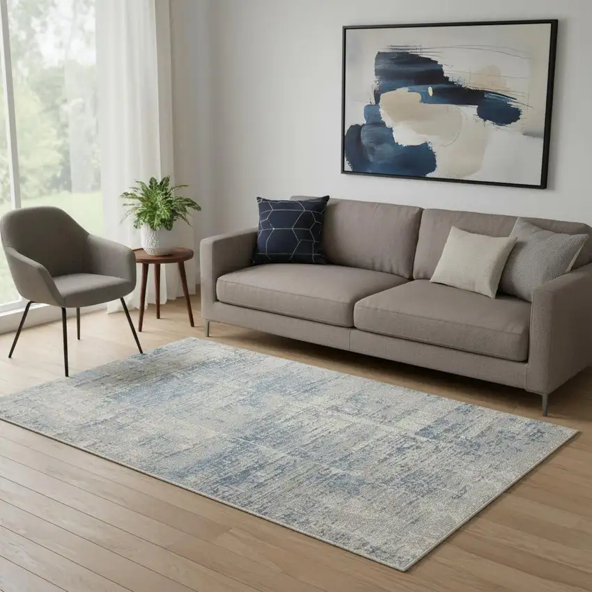 Ivory Blue And Gray Abstract Distressed Area Rug Photo 1