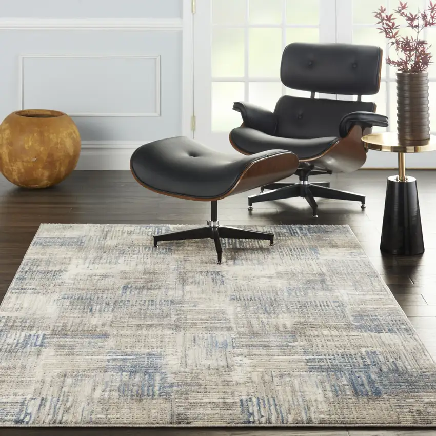Ivory Blue And Gray Abstract Distressed Area Rug Photo 5