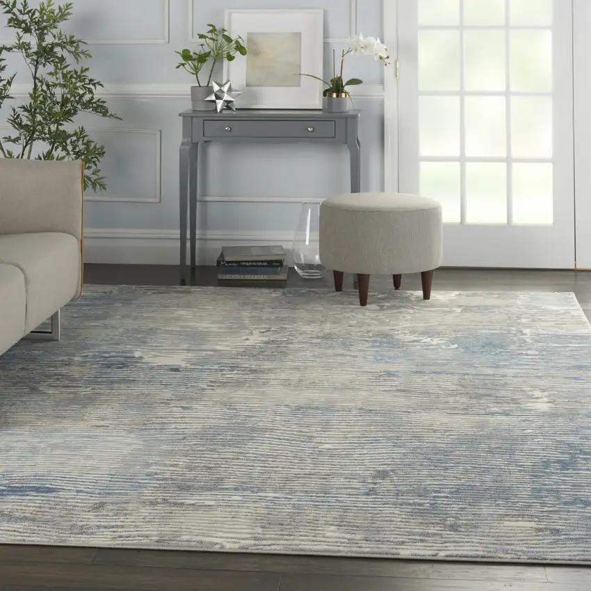 Ivory Blue And Gray Abstract Distressed Area Rug Photo 6