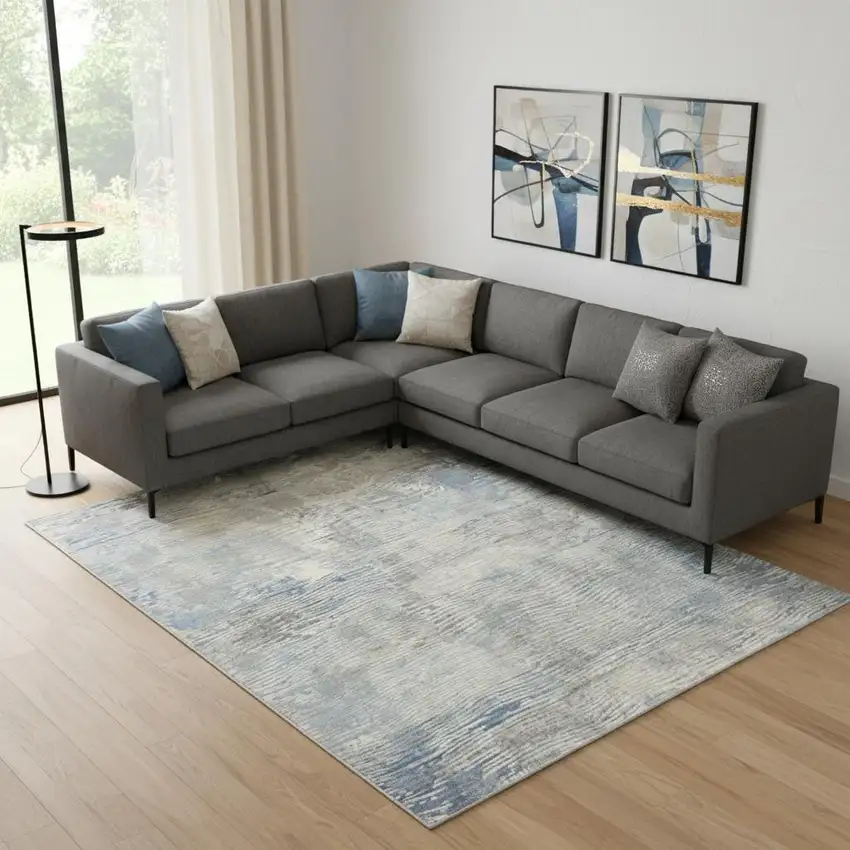 Ivory Blue And Gray Abstract Distressed Area Rug Photo 1