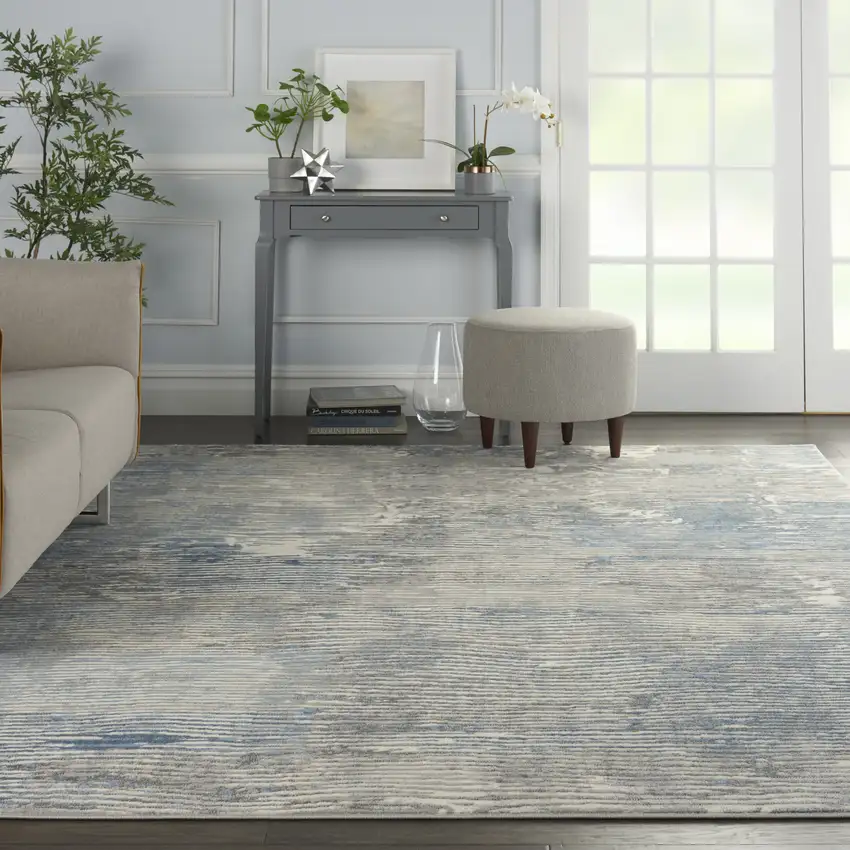 Ivory Blue And Gray Abstract Distressed Area Rug Photo 5
