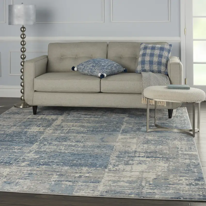 Ivory Blue And Gray Abstract Distressed Area Rug Photo 6