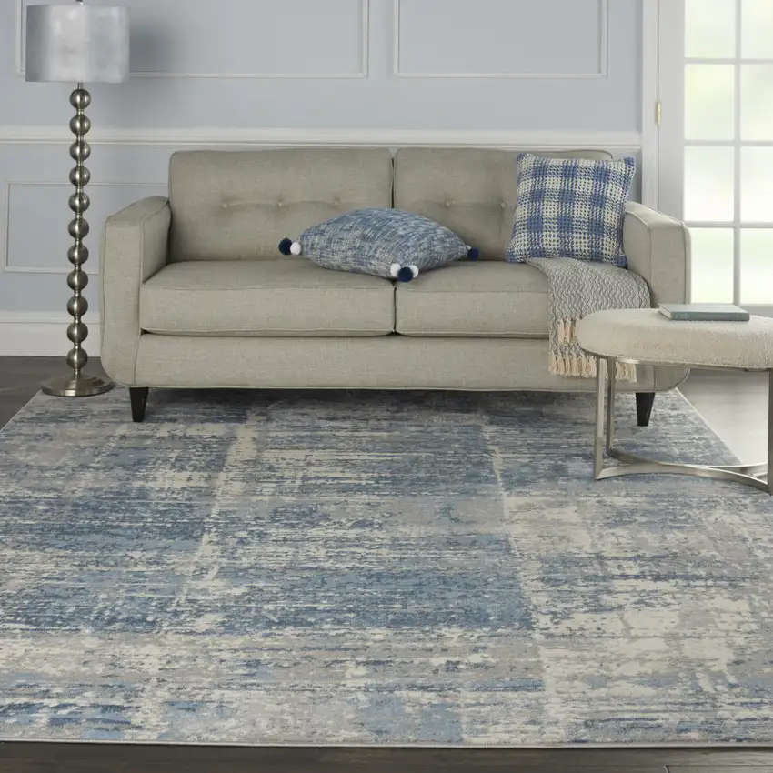 Ivory Blue And Gray Abstract Distressed Area Rug Photo 5