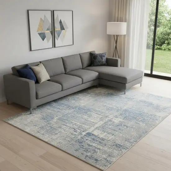 Ivory Blue And Gray Abstract Distressed Area Rug Photo 1