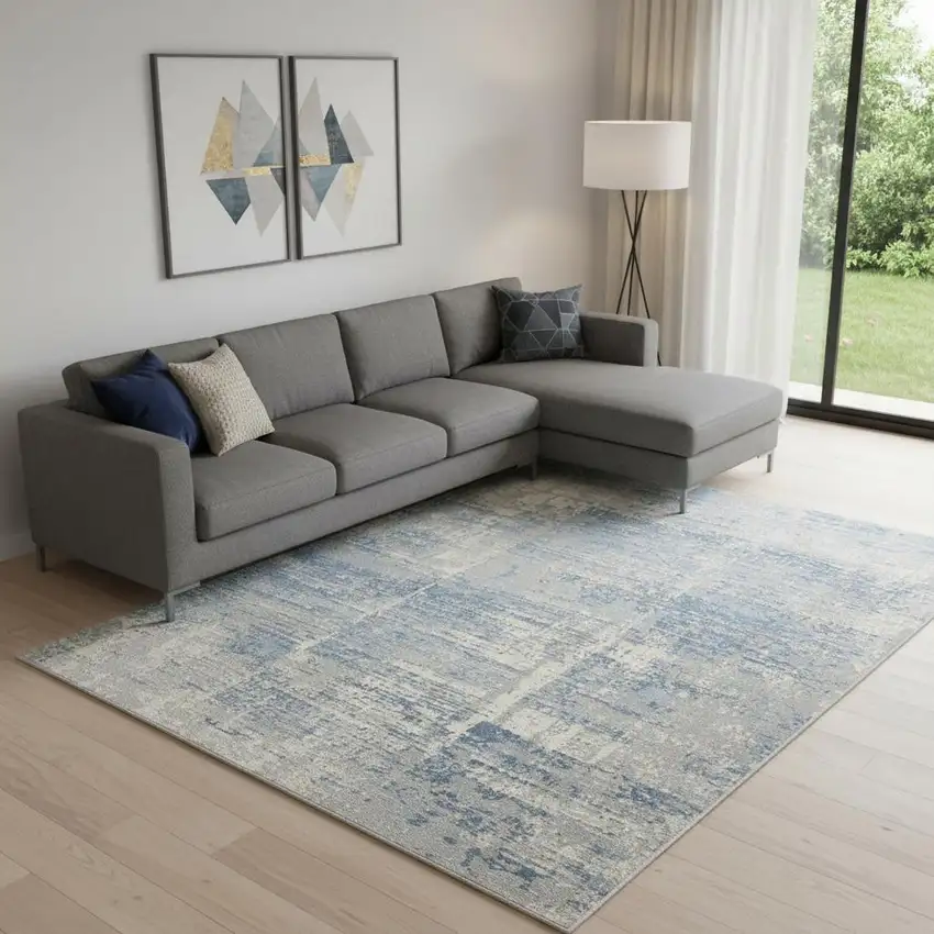 Ivory Blue And Gray Abstract Distressed Area Rug Photo 1