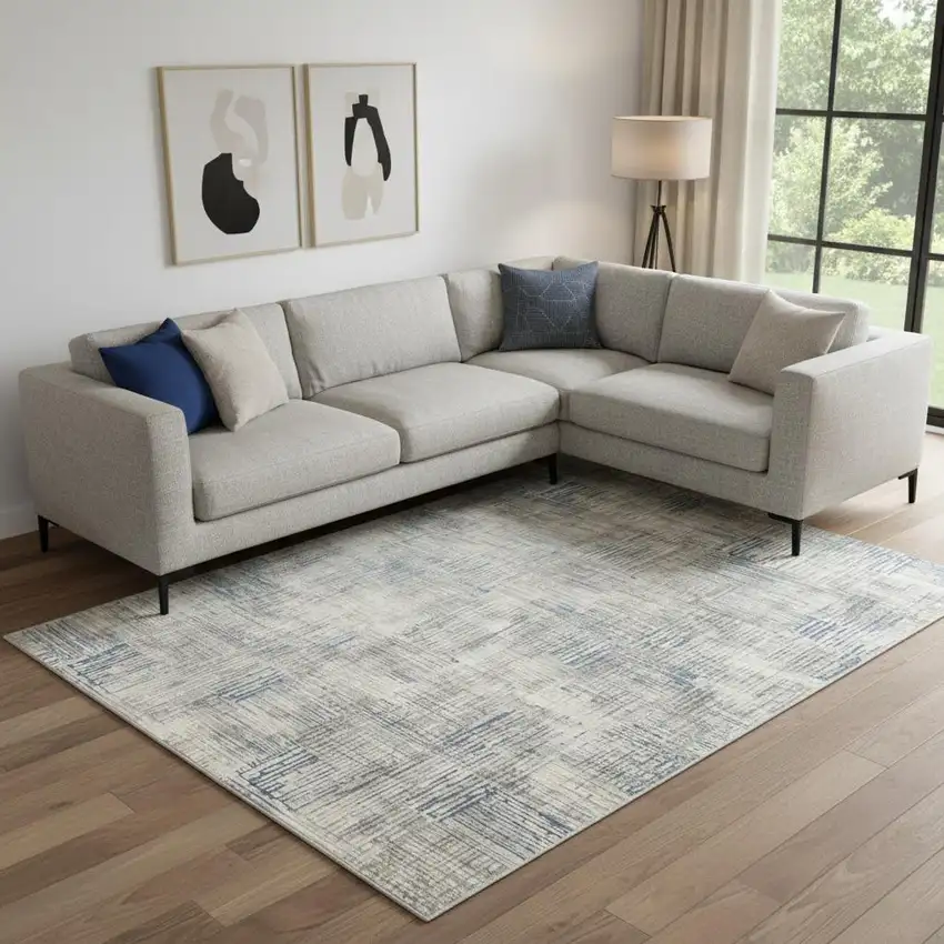 Ivory Blue And Gray Abstract Distressed Area Rug Photo 1