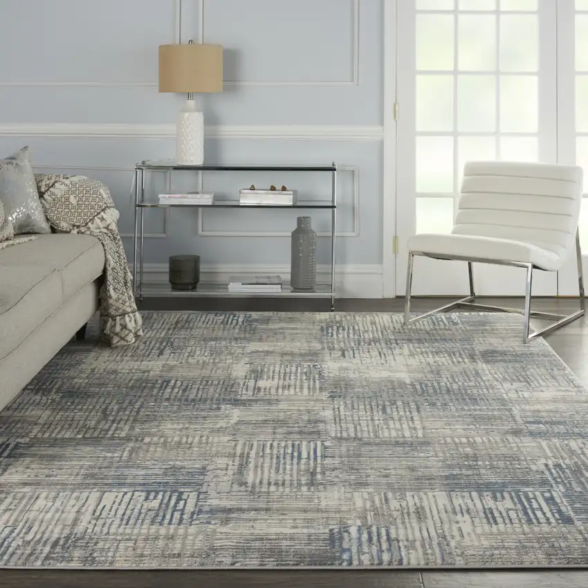 Ivory Blue And Gray Abstract Distressed Area Rug Photo 5