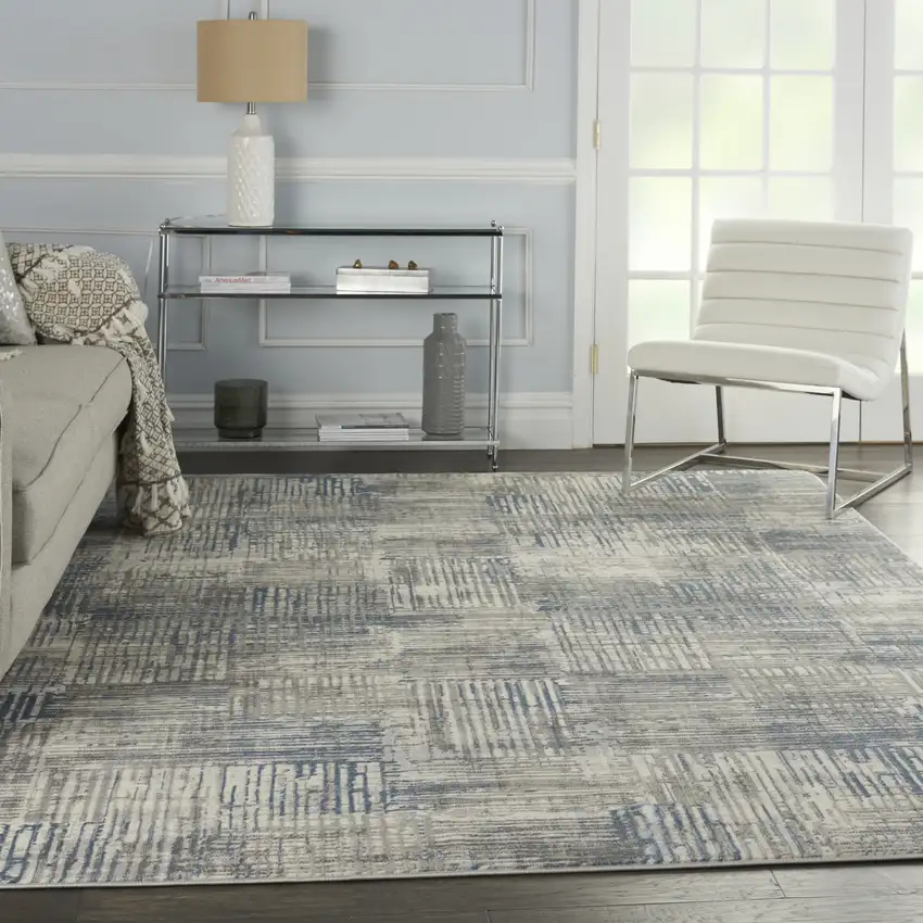 Ivory Blue And Gray Abstract Distressed Area Rug Photo 6