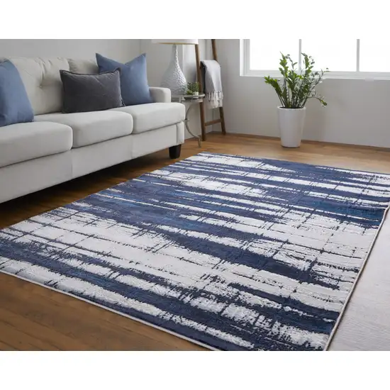 Ivory and Blue Abstract Power Loom Distressed Non Skid Area Rug Photo 6