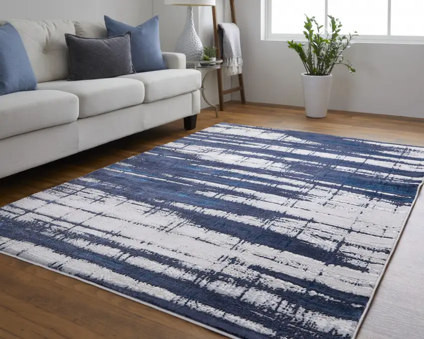 Ivory and Blue Abstract Power Loom Distressed Non Skid Area Rug Photo 6