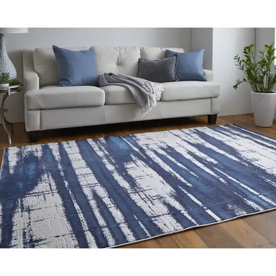 Ivory and Blue Abstract Power Loom Distressed Non Skid Area Rug Photo 8