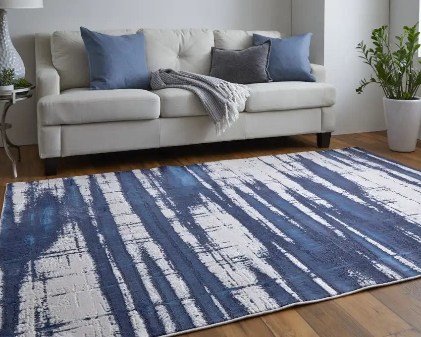 Ivory and Blue Abstract Power Loom Distressed Non Skid Area Rug Photo 8
