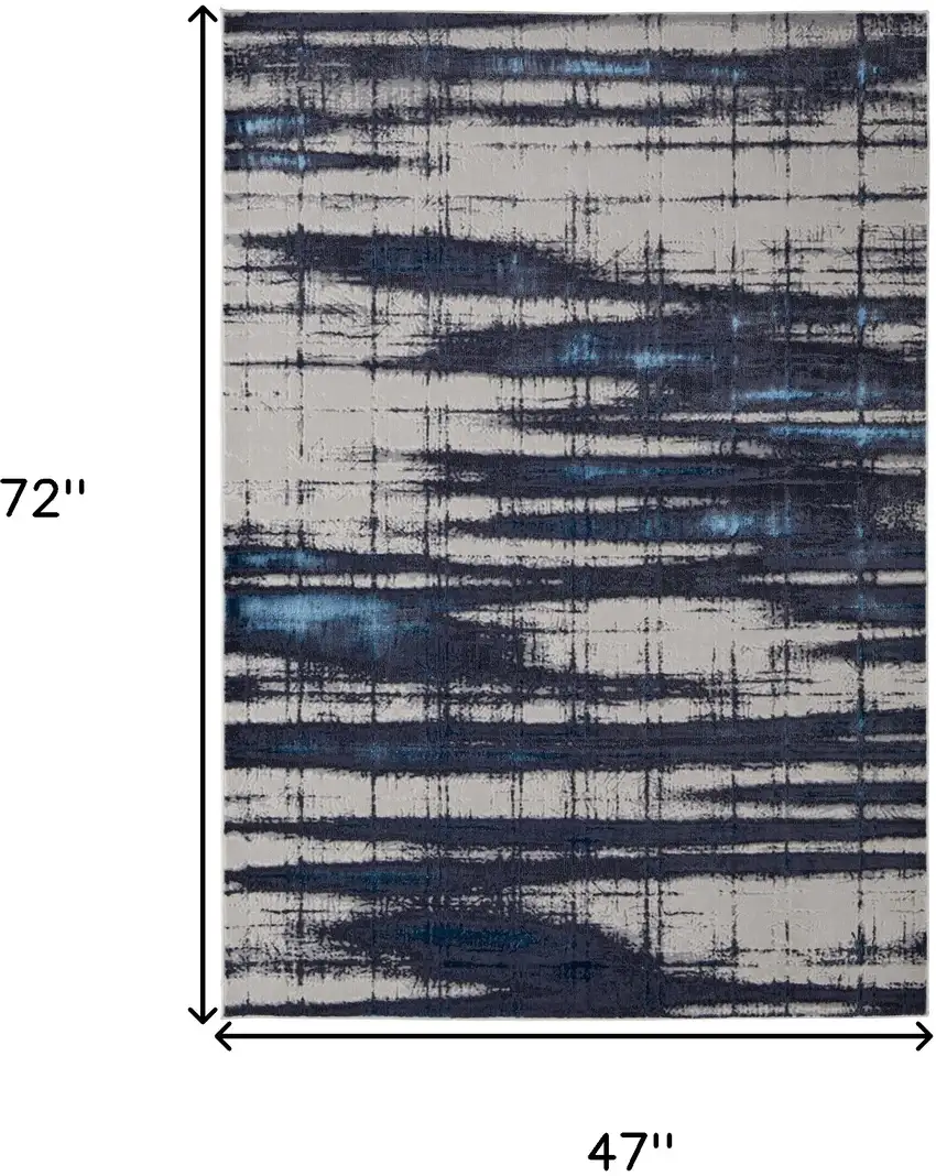 Ivory and Blue Abstract Power Loom Distressed Non Skid Area Rug Photo 3