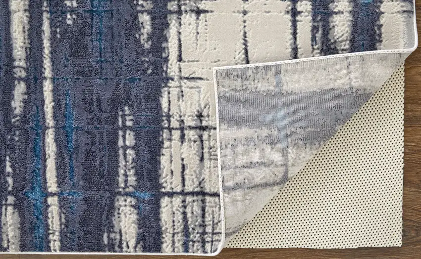 Ivory and Blue Abstract Power Loom Distressed Non Skid Area Rug Photo 5