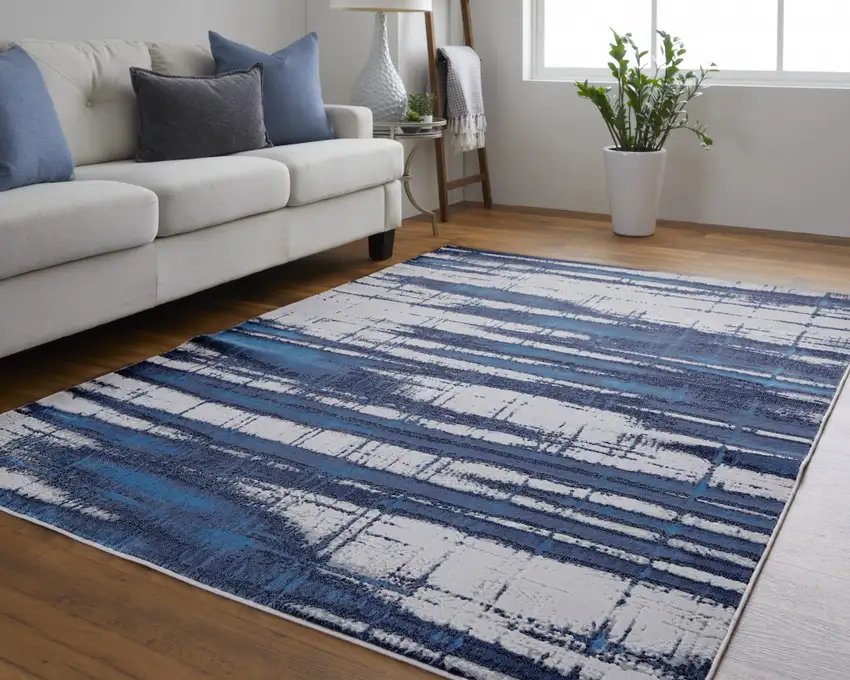 Ivory Blue And Gray Abstract Power Loom Distressed Area Rug Photo 9