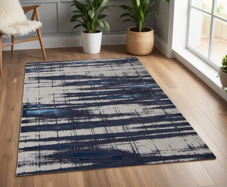 Ivory Blue And Gray Abstract Power Loom Distressed Area Rug Photo 3