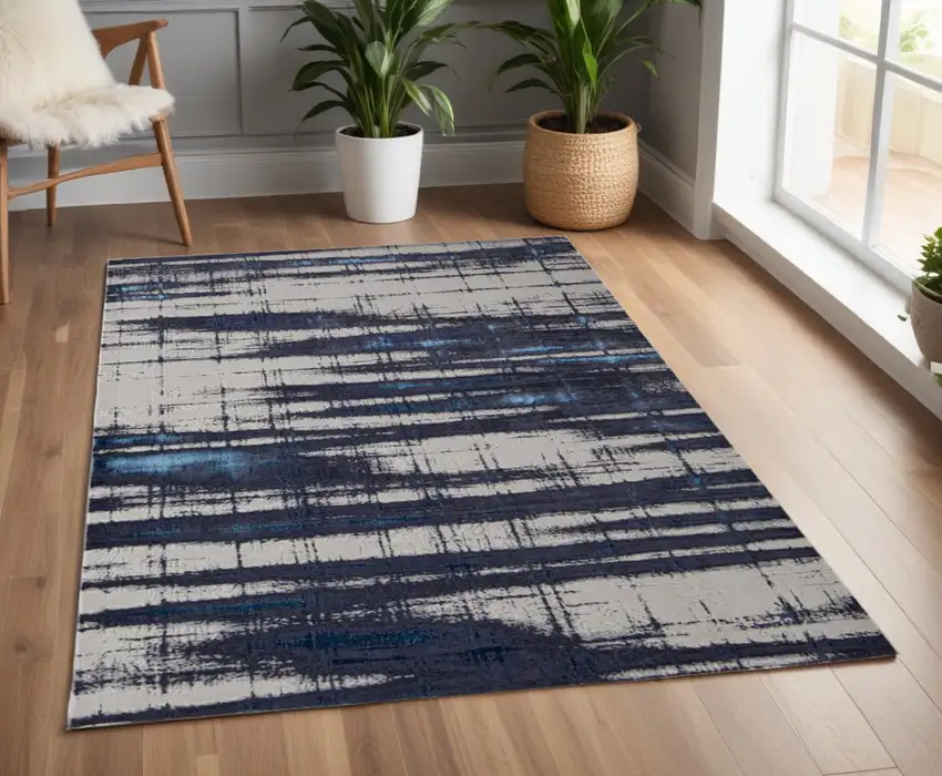 Ivory and Blue Abstract Power Loom Distressed Non Skid Area Rug Photo 1