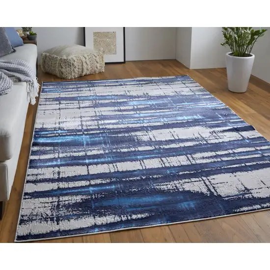 Ivory and Blue Abstract Power Loom Distressed Non Skid Area Rug Photo 7