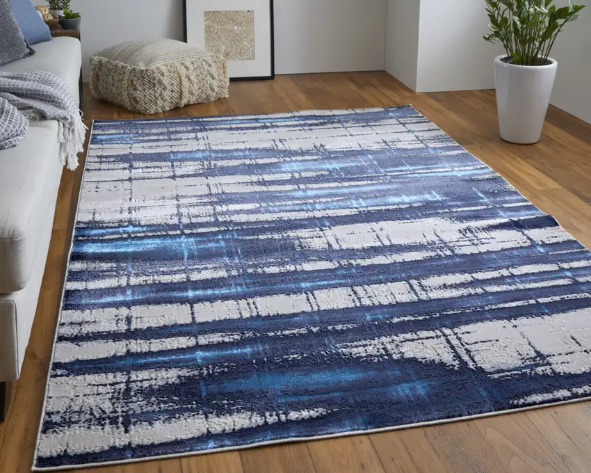 Ivory and Blue Abstract Power Loom Distressed Non Skid Area Rug Photo 7