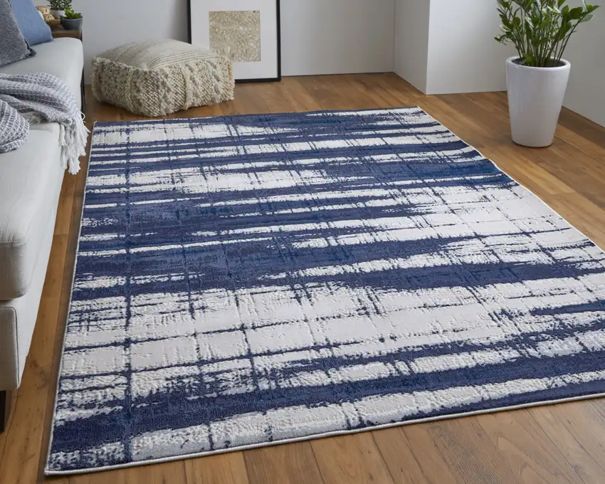 Ivory Blue And Gray Abstract Power Loom Distressed Area Rug Photo 7