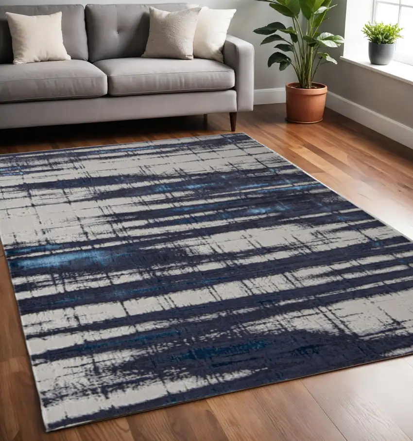 Ivory and Blue Abstract Power Loom Distressed Non Skid Area Rug Photo 1