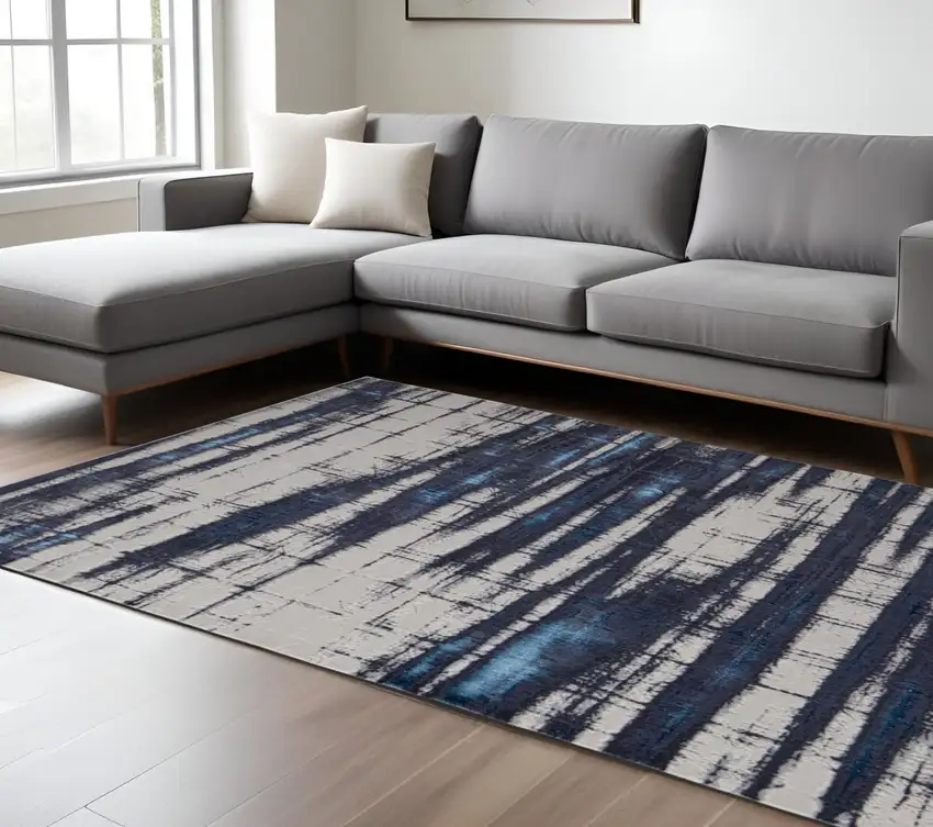 Ivory and Blue Abstract Power Loom Distressed Non Skid Area Rug Photo 1