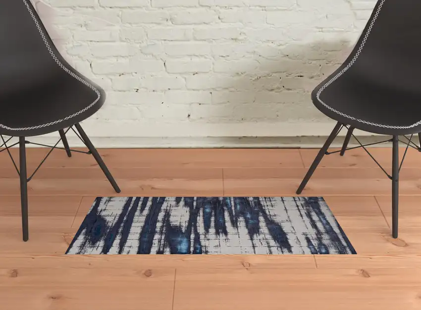 Ivory Blue And Gray Abstract Power Loom Distressed Area Rug Photo 2