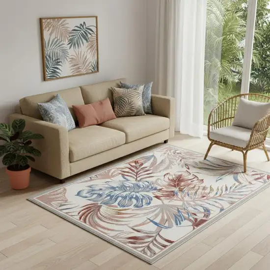 Ivory Blue And Gray Botanical Leaves Area Rug Photo 1