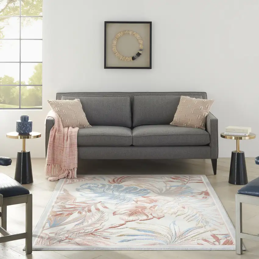 Ivory Blue And Gray Botanical Leaves Area Rug Photo 5