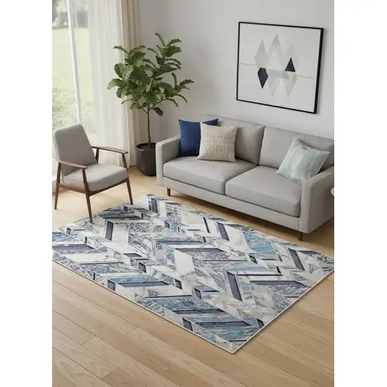 Ivory Blue And Gray Chevron Power Loom Distressed Area Rug Photo 1