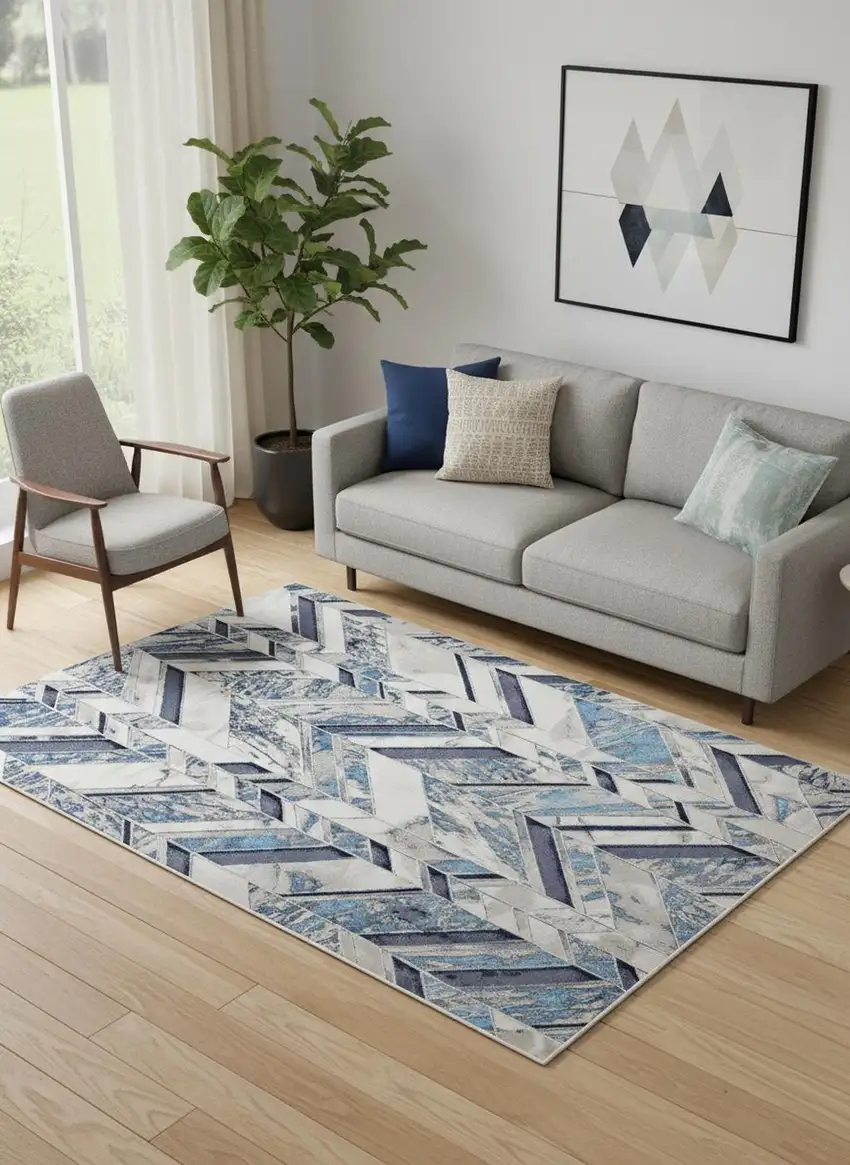 Ivory Blue And Gray Chevron Power Loom Distressed Area Rug Photo 1