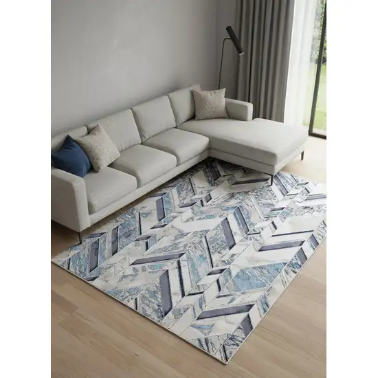 Ivory Blue And Gray Chevron Power Loom Distressed Area Rug Photo 1